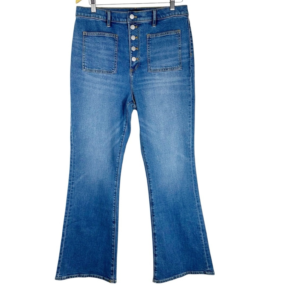 ANN TAYLOR Blue Denim High Rise Button Fly Wide Leg Jeans front patch pocket 12P